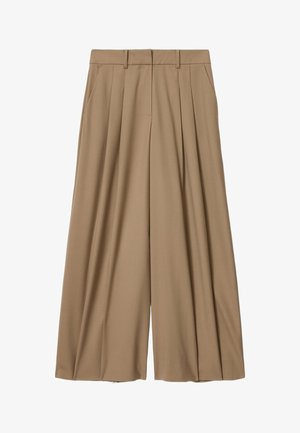 Beige bukser med vide ben, for-plitter, bæltestropper og sidelommer mod en hvid baggrund.