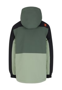 Kapuzenjacke in Grün und Schwarz mit einem zweifarbigen Design, elastischen Bündchen und einem Logo-Akzent auf der Schulter. Sanfte Textur.