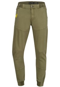 Pantalones verde oliva con un diseño ajustado, con costuras reforzadas en las rodillas, cierre de botón frontal y puños elásticos para mayor comodidad.