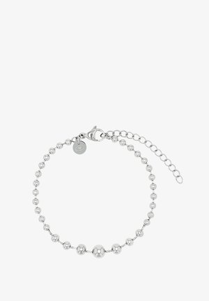 Silbernes Perlenarmband mit verstellbarer Kette und Karabinerverschluss, mit einem kleinen runden Anhänger nahe dem Verschluss.