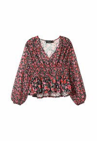 Blusa floreale con sfondo nero, caratterizzata da scollatura a V, maniche lunghe a sbuffo e vita arricciata con orlo a balze. I motivi includono fiori rossi e rosa.