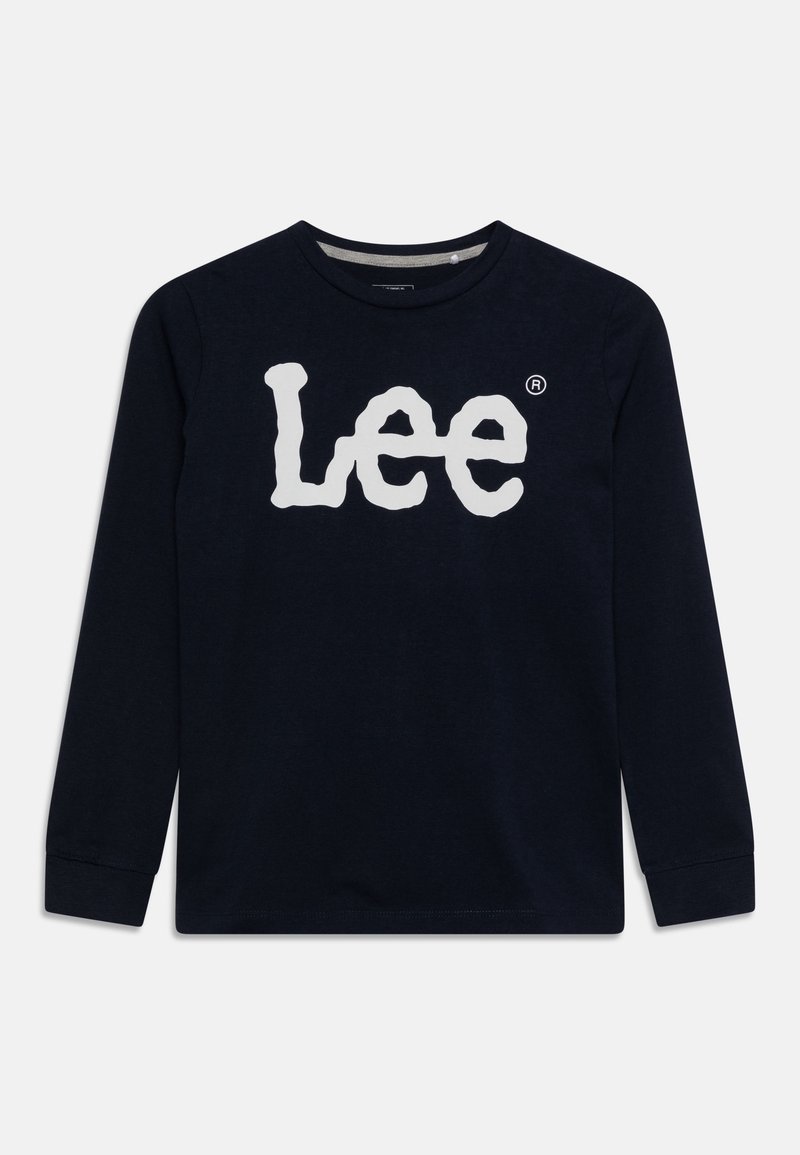 Marineblaues Langarmshirt mit rundem Ausschnitt und großem weißem "Lee"-Logo, das mittig auf der Brust zu sehen ist.