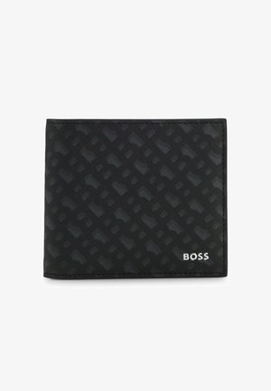 Musta kaksiosainen lompakko, jossa on teksturoitu pinta, sileät reunat ja metallinen hopeinen logo alakulmassa.