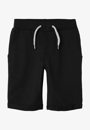 Shorts noirs en tissu doux ; dotés d'une taille à cordon avec des accents blancs, de poches latérales et d'ourlets repliés.