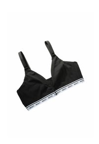 Czarny stanik wykonany z miękkiej bawełny, z trójkątnym krojem, regulowanymi ramiączkami oraz białym pasem z nadrukowaną nazwą marki.