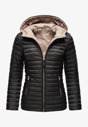 Svart puffjacka med en quiltad design, dragkedja fram och en beige foder. Har en huva och två sidofickor med dragkedja. Slinky textur.