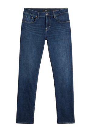 Blue denim jeans with a slim tapered fit, featuring five pockets, subtle stitching, and a button-and-zip fly closure.