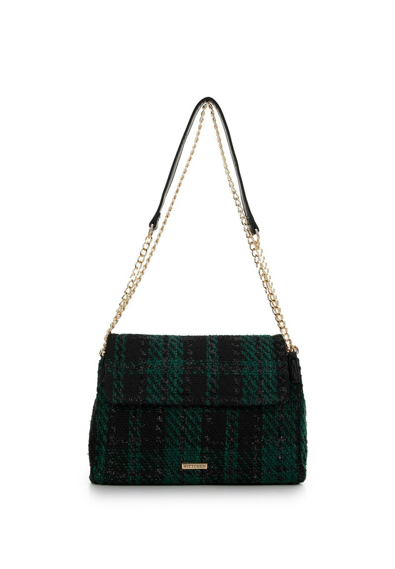 Tweed handbag in black and green with a chain strap, structured shape, fold-over flap, and gold hardware accents.