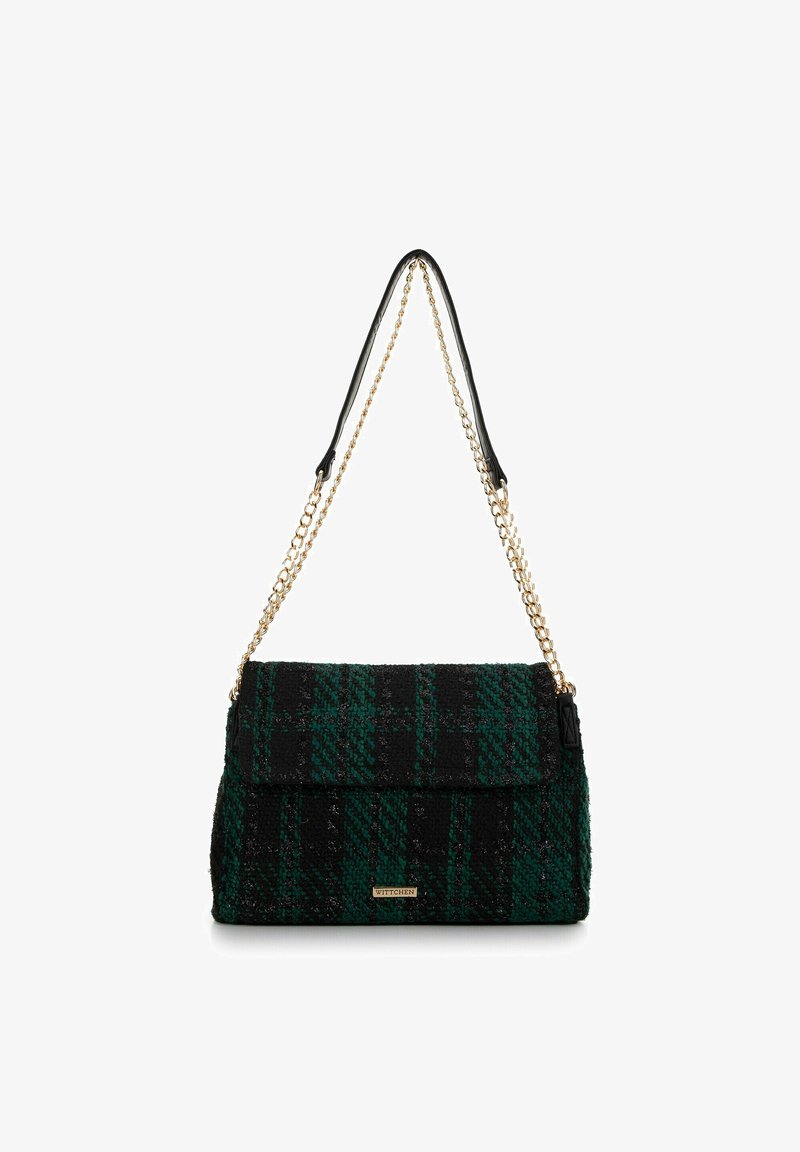Tweed handbag in black and green with a chain strap, structured shape, fold-over flap, and gold hardware accents.