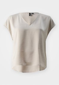 Blouse beige à manches courtes avec col en V et ourlet arrière légèrement plus long, en tissu léger légèrement texturé.