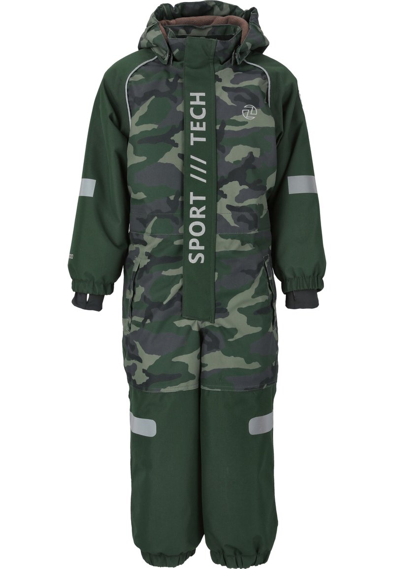 Groene camouflage overall met een capuchon, voorzien van reflecterende accenten, elastische manchetten en een ritsaanpassing aan de voorkant. Gemaakt van duurzaam, weerbestendig materiaal.