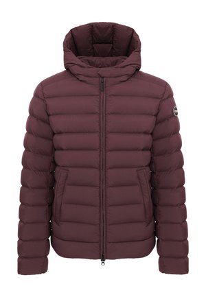 Veste d’hiver matelassée pour homme en violet foncé avec fermeture éclair à l'avant, deux poches latérales et capuche attachée.