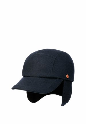 Dark navy winter hat with ear flaps and a small round brown logo on the side, designed for cold weather protection.