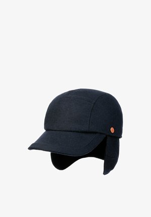 Dark navy winter hat with ear flaps and a small round brown logo on the side, designed for cold weather protection.