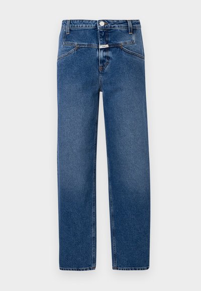 Modré denimové džíny s rovnými nohavicemi, pěti kapsami, zapínáním na knoflík a zip a mírným vyblednutím pro texturu.