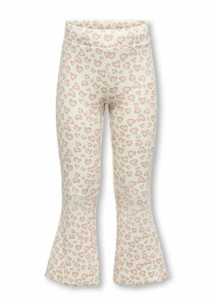 Bukser i cremefarve med vidde, med lyserød og lysebrun leopardhjerteprint, elastisk talje og struktureret stof.
