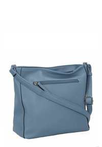 Borsa a tracolla blu chiaro realizzata in materiale sintetico liscio, con tasca anteriore con zip, tracolla regolabile e dettagli in nero.