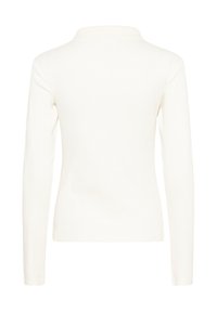 Prosta, biała bluzka z długim rękawem i okrągłym dekoltem, widoczna z tyłu na białym tle.