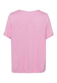 Chemise rose douce à manches courtes avec un col rond, vue de dos sur fond blanc.