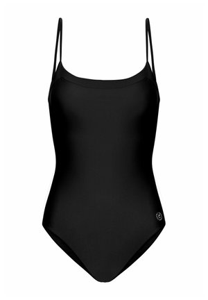 Costum de baie întreg, negru, cu bretele subțiri și ajustabile, decolteu rotund și tăietură înaltă la picioare. Material neted, ajustat body.