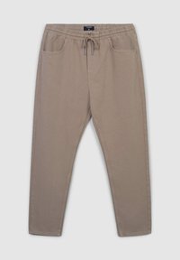 Beżowe, lekkie spodnie dresowe z elastycznym pasem, sznurkiem i dwoma bocznymi kieszeniami; gładka tekstura, zwężane nogawki.