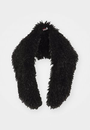 Écharpe en fausse fourrure noire avec une texture douce et duveteuse, affichée ouverte sur un fond blanc.