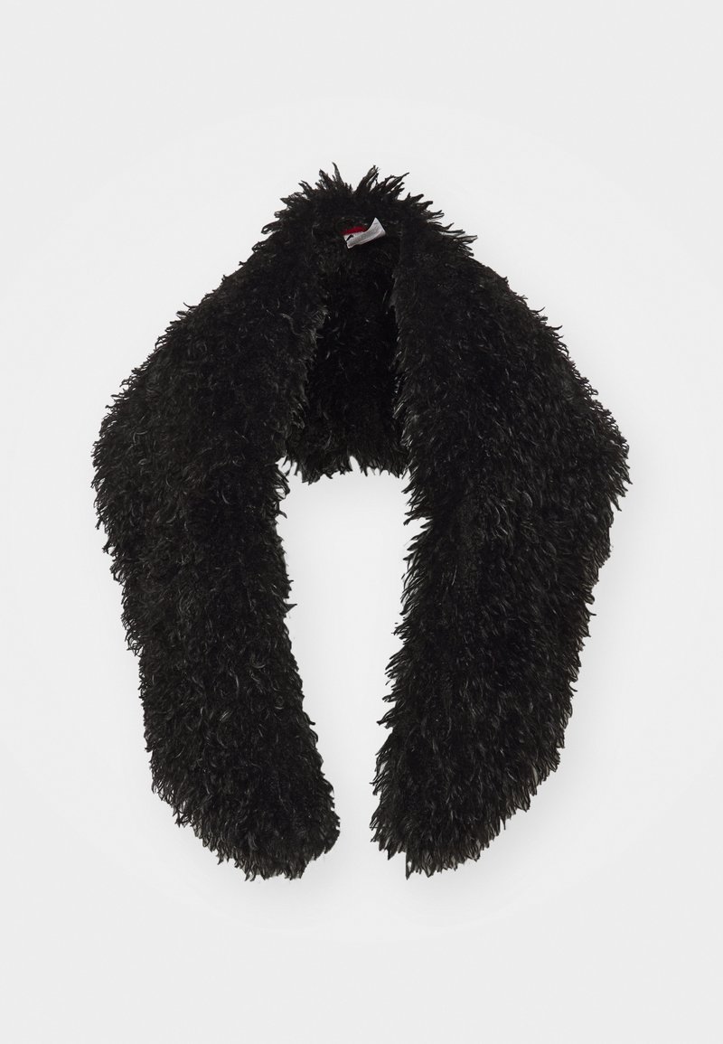 Écharpe en fausse fourrure noire avec une texture douce et duveteuse, affichée ouverte sur un fond blanc.