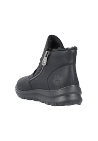 Black leather ankle boots with a textured finish, side zipper detail, and soft, furry interior lining. Flexible rubber sole.
