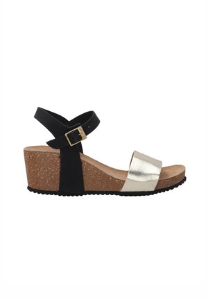 Black and gold wedge sandal with a cork platform, featuring a metallic gold band, adjustable ankle strap, and textured rubber sole.