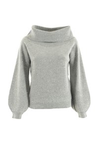 Maglione grigio chiaro a maglia con ampio colletto a dolcevita piegato, maniche lunghe a palloncino e piccoli dettagli in paillettes argentate.