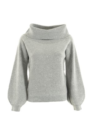 Maglione grigio chiaro a maglia con ampio colletto a dolcevita piegato, maniche lunghe a palloncino e piccoli dettagli in paillettes argentate.