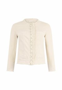 Giacca di jeans crema con maniche lunghe, orlo sfrangiato, chiusura frontale intrecciata e due tasche sul petto. Presenta un colletto tondo e un tessuto strutturato.