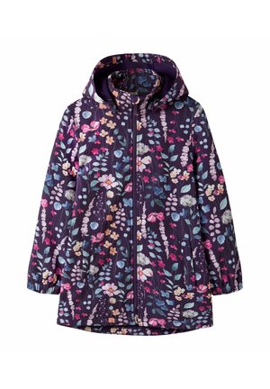 Børne regnjakke med hætte og lynlås, med et farverigt blomsterprint på en mørkelilla baggrund.