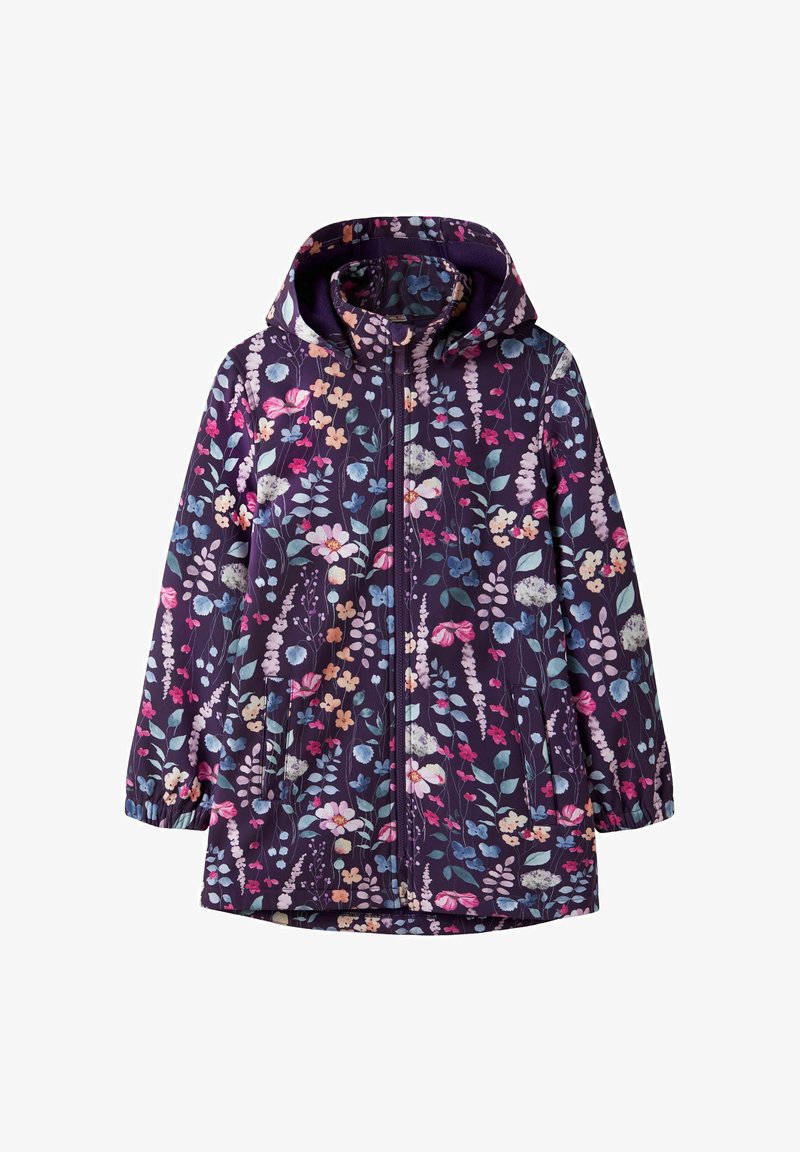 Veste de pluie à capuche pour enfants avec fermeture éclair, présentant un motif floral coloré sur fond violet foncé.