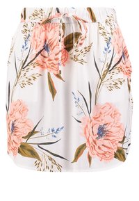 Blommig kjol med vit bakgrund, elastisk midjeband med dragsko, och stora rosa piontryck med gröna blad och blå detaljer.