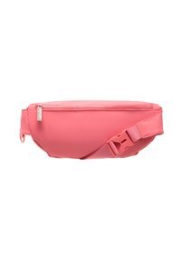 Marsupio rettangolare rosa, realizzato in materiale liscio e durevole, con chiusura a zip e tracolla regolabile. Presenta un'etichetta con logo e una clip laterale.