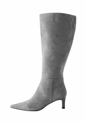 Šedé nubukové kozačky po kolena s špičatou špičkou, štíhlým podpatkem a minimalistickým designem, s hladkým texturovaným povrchem a bez viditelného hardwaru.