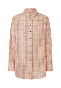 Langsleeve geruite blouse in beige met rode en oranje ruiten, met een knoopsluiting aan de voorkant, kraag en een enkele borstzak.