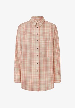 Ilgų rankovių flanelinis marškinys šviesiai rudos spalvos su raudonais ir oranžiniais languotais raštais, turintis užsegimą mygtukais, apykaklę ir vieną krūtinės kišenę.