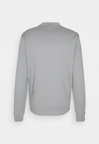 Sweatshirt gris à manches longues avec une texture lisse, encolure ras-du-cou et poignets côtelés. Le dos est uni, sans motifs ni embellissements.