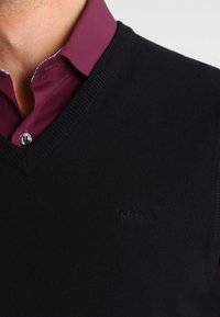 Gilet en maille noire avec un col en V, porté par-dessus une chemise à boutons bordeaux. Comprend des bords côtelés et un logo discret sur la poitrine.