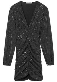Svart paljettklänning med djup V-ringning, långa ärmar och draperad detalj vid midjan. Tyget har en texturerad och glittrig yta.