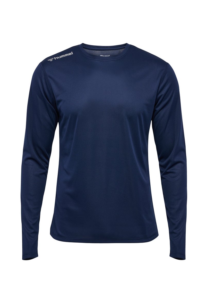 Langarm sportshirt in marineblauw, gemaakt van vochtregulerende stof, met een ronde hals en een subtiel gestructureerd patroon, voorzien van een logo op de schouder.