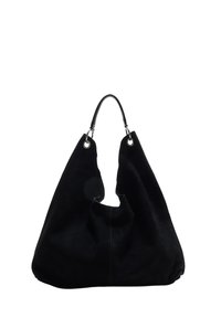 Sac hobo en suédine noire avec une forme douce et avachie, doté d'une seule sangle cousue et d'accents en métal argenté aux points de fixation.