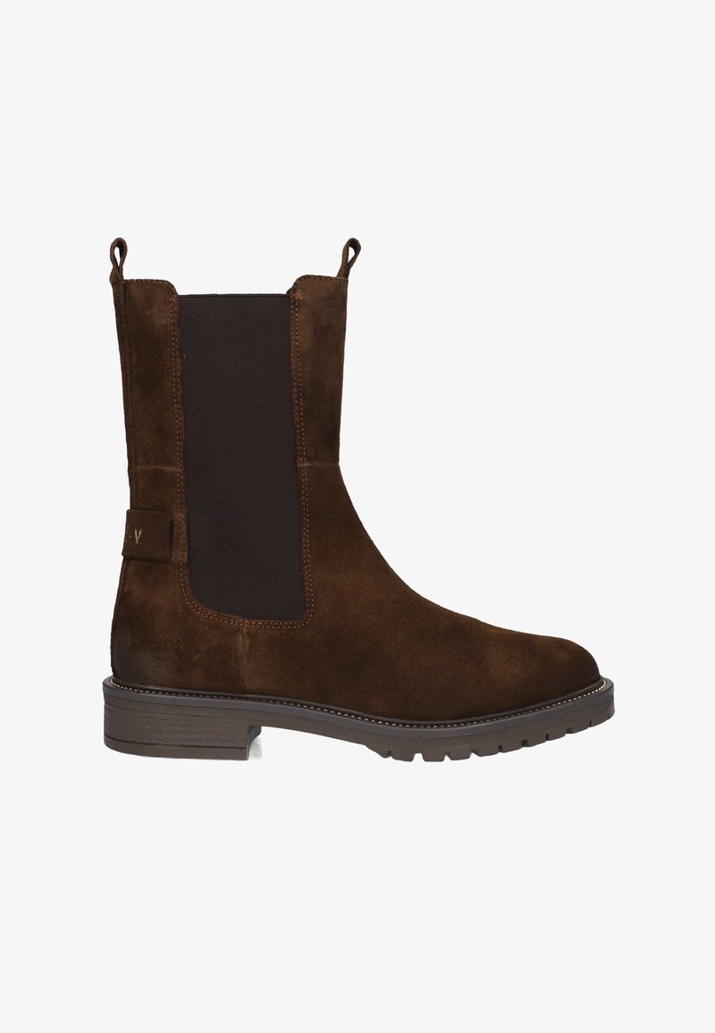 Bruine suède Chelsea-boot met donkere elastische zijpanelen, aantrektabs aan de bovenkant, stiksels en een stevige rubberen zool.