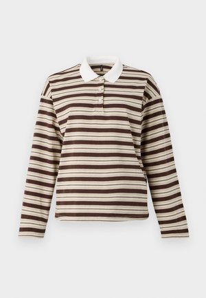 Long-sleeve polo shirt with horizontal brown, beige, and cream stripes and a solid white collar, buttoned at the neck.