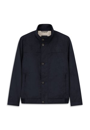 Dunkelblauer Herrenjacke mit Stehkragen, durchgehender Knopfleiste, langen Ärmeln und zwei seitlichen Reißverschlusstaschen.