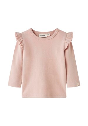 Helles rosa Langarmshirt mit Rüschendetails an den Schultern, geripptem Halsausschnitt und Markenetikett am Ärmel; aus weichem Baumwollmaterial gefertigt.
