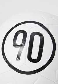 White soccer ball featuring a textured surface, with a prominent black "90" inside a circle, stitched hexagonal panels, and a shiny finish.