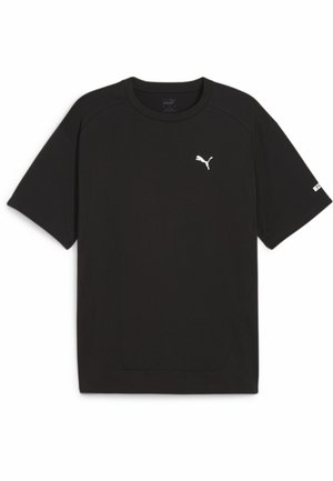 Czarny T-shirt z krótkim rękawem wykonany z gładkiego materiału, z białym logo Puma na piersi. Prosty fason z luźnym krojem.